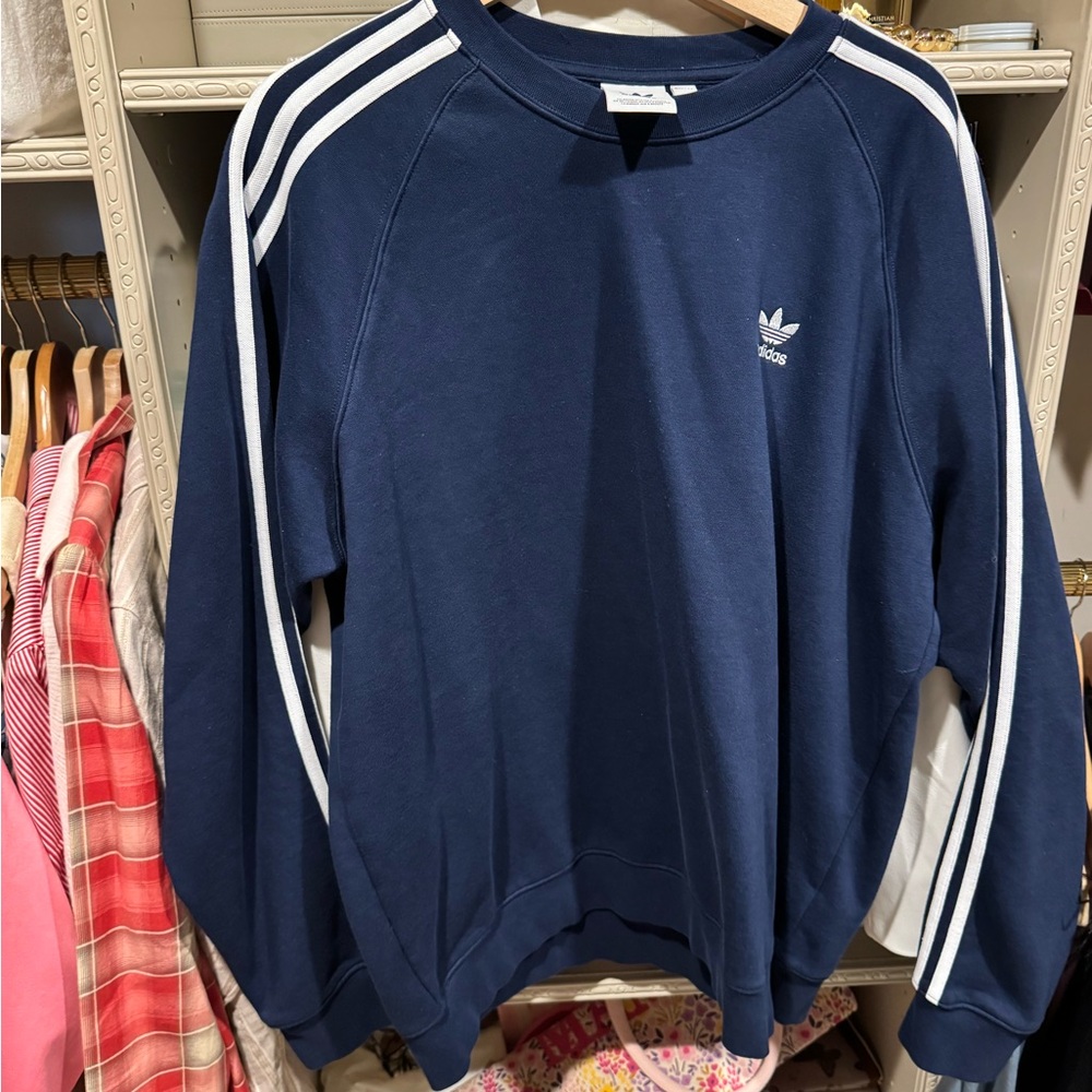 Adidas Blue and White Crewneck Sweater with Iconic Stripes
